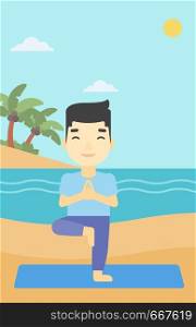 An asian young man standing in yoga tree pose. Man meditating in yoga tree position on beach. Man doing yoga on nature. Vector flat design illustration. Vertical layout.. Man practicing yoga tree pose on the beach.