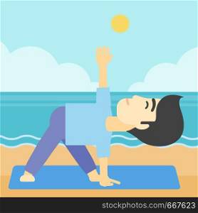 An asian young man standing in yoga triangle pose. Man meditating in yoga triangle position on the beach. Man doing yoga on nature. Vector flat design illustration. Square layout.. Man practicing yoga triangle pose on the beach.