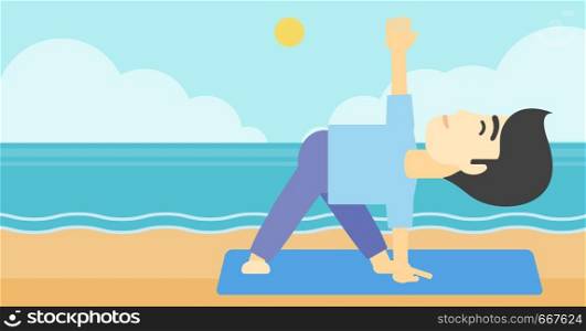 An asian young man standing in yoga triangle pose. Man meditating in yoga triangle position on the beach. Man doing yoga on nature. Vector flat design illustration. Horizontal layout. Man practicing yoga triangle pose on the beach.