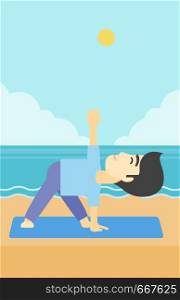 An asian young man standing in yoga triangle pose. Man meditating in yoga triangle position on the beach. Man doing yoga on nature. Vector flat design illustration. Vertical layout.. Man practicing yoga triangle pose on the beach.