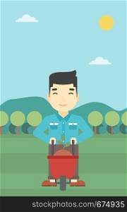 An asian young man standing with a plant and soil in a wheelbarrow on the background of mountain landscape. Vector flat design illustration. Vertical layout.. Man with plant and wheelbarrow.
