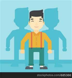 An asian young man standing with some shadows behind him. Candidat for a position stand out from crowd. Concept of staff recruitment. Vector flat design illustration. Square layout.. Man searching for job vector illustration.