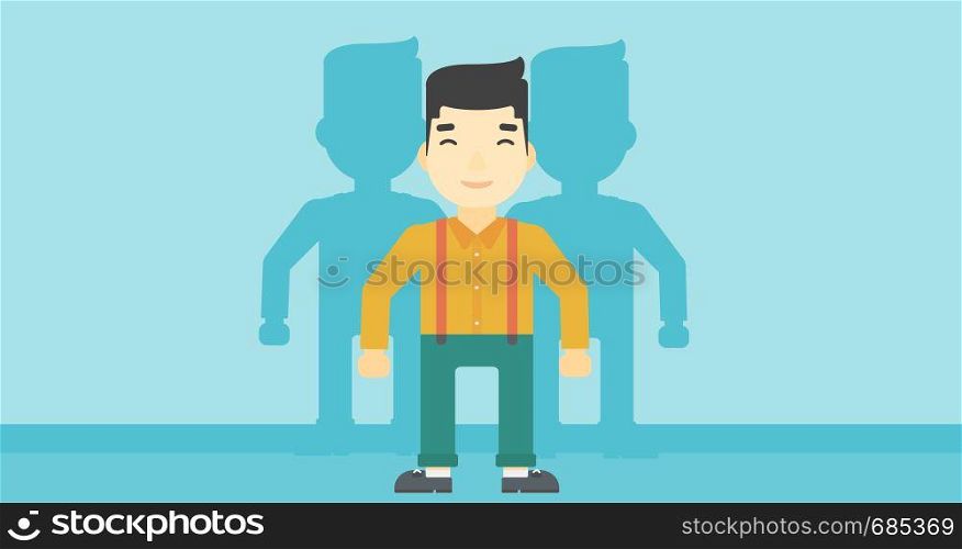 An asian young man standing with some shadows behind him. Candidat for a position stand out from crowd. Concept of staff recruitment. Vector flat design illustration. Horizontal layout.. Man searching for job vector illustration.