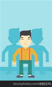 An asian young man standing with some shadows behind him. Candidat for a position stand out from crowd. Concept of staff recruitment. Vector flat design illustration. Vertical layout.. Man searching for job vector illustration.