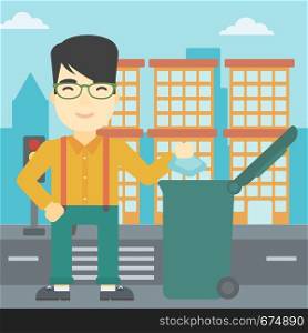 An asian young man throwing away a garbage in a green trash in the city. Man throwing away trash. Eco-friendly man throwing trash. Vector flat design illustration. Square layout.. Man throwing away trash vector illustration.