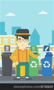 An asian young man throwing away plastic bottle. Man standing near four bins in the city and throwing away plastic bottle in an appropriate bin. Vector flat design illustration. Vertical layout.. Man throwing away plastic bottle.