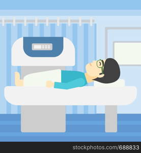 An asian young man undergoes a magnetic resonance imaging scan test at hospital room. Magnetic resonance imaging machine scanning patient. Vector flat design illustration. Square layout.. Magnetic resonance imaging vector illustration.