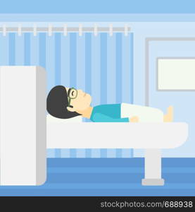 An asian young man undergoes a magnetic resonance imaging scan test at hospital room. Magnetic resonance imaging machine scanning patient. Vector flat design illustration. Square layout.. Magnetic resonance imaging vector illustration.