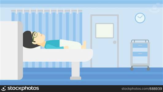 An asian young man undergoes a magnetic resonance imaging scan test at hospital room. Magnetic resonance imaging machine scanning patient. Vector flat design illustration. Horizontal layout.. Magnetic resonance imaging vector illustration.
