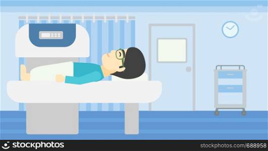 An asian young man undergoes a magnetic resonance imaging scan test at hospital room. Magnetic resonance imaging machine scanning patient. Vector flat design illustration. Horizontal layout.. Magnetic resonance imaging vector illustration.