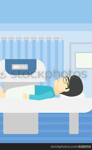 An asian young man undergoes a magnetic resonance imaging scan test at hospital room. Magnetic resonance imaging machine scanning patient. Vector flat design illustration. Vertical layout.. Magnetic resonance imaging vector illustration.