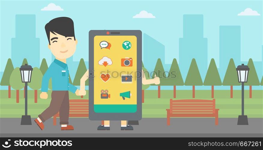 An asian young man walking with a big smartphone. Man and big smartphone in the park. Man holding the hand of smartphone. Smartphone addiction. Vector flat design illustration. Horizontal layout. Man walking with big smartphone.