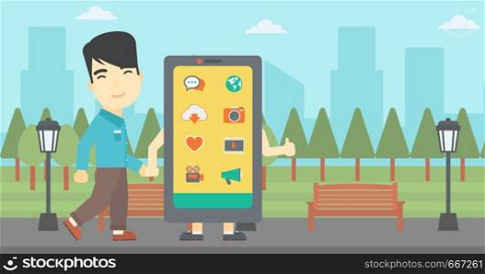 An asian young man walking with a big smartphone. Man and big smartphone in the park. Man holding the hand of smartphone. Smartphone addiction. Vector flat design illustration. Horizontal layout. Man walking with big smartphone.