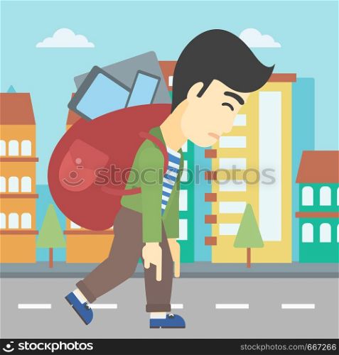 An asian young man walking with backpack full of different devices. Man walking with many devices in the city. Man with many electronic devices. Vector flat design illustration. Square layout.. Man with backpack full of electronic devices.