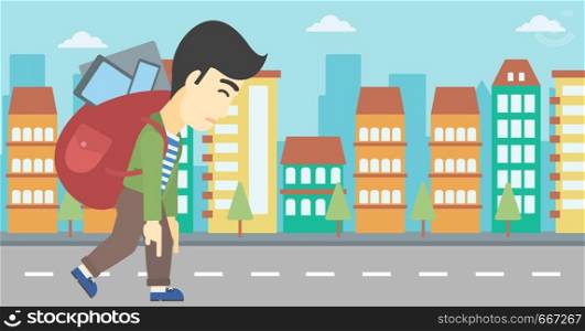 An asian young man walking with backpack full of different devices. Man walking with many devices in the city. Man with many electronic devices. Vector flat design illustration. Horizontal layout. Man with backpack full of electronic devices.