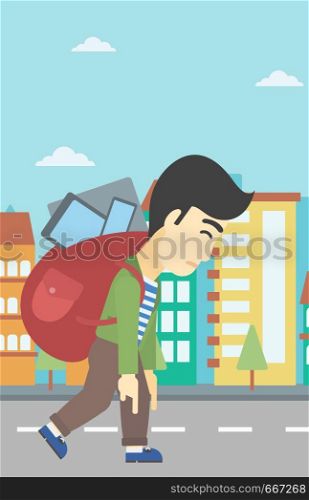 An asian young man walking with backpack full of different devices. Man walking with many devices in the city. Man with many electronic devices. Vector flat design illustration. Vertical layout.. Man with backpack full of electronic devices.