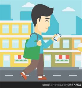 An asian young man walking with smartphone and handbag. Man using smartphone in the city street. Smartphone addiction. Vector flat design illustration. Square layout.. Man walking with smartphone vector illustration.