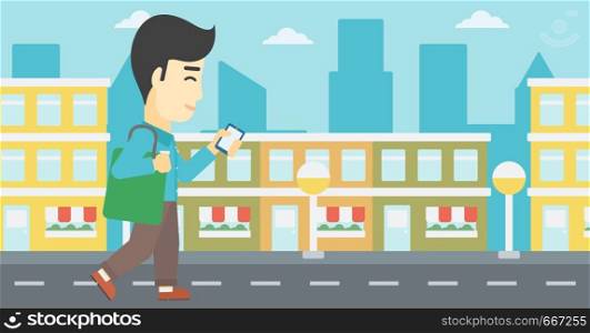 An asian young man walking with smartphone and handbag. Man using smartphone in the city street. Smartphone addiction. Vector flat design illustration. Horizontal layout. Man walking with smartphone vector illustration.