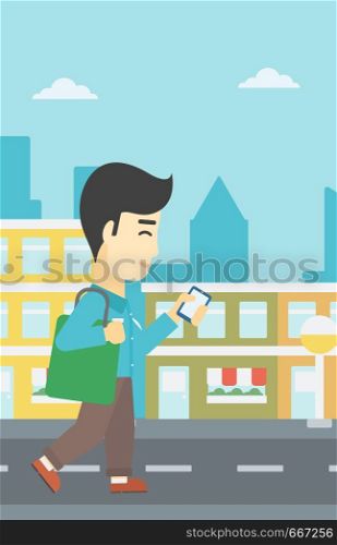An asian young man walking with smartphone and handbag. Man using smartphone in the city street. Smartphone addiction. Vector flat design illustration. Vertical layout.. Man walking with smartphone vector illustration.