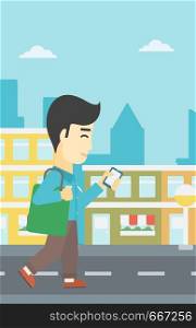 An asian young man walking with smartphone and handbag. Man using smartphone in the city street. Smartphone addiction. Vector flat design illustration. Vertical layout.. Man walking with smartphone vector illustration.