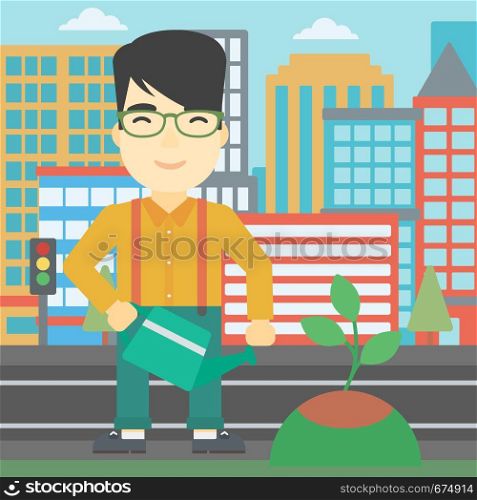 An asian young man watering a tree on a city background. Eco-friendly man takes care of the environment. Vector flat design illustration. Square layout.. Man watering tree vector illustration.