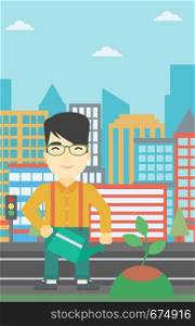 An asian young man watering a tree on a city background. Eco-friendly man takes care of the environment. Vector flat design illustration. Vertical layout.. Man watering tree vector illustration.