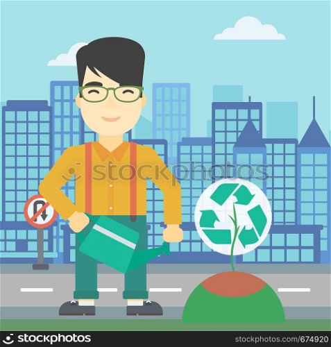An asian young man watering a tree with a recycle sign instead of crown on a city backround. Eco-friendly man takes care of the environment. Vector flat design illustration. Square layout.. Man watering tree with recycle sign.