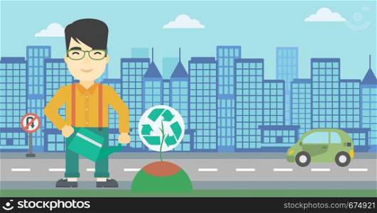 An asian young man watering a tree with a recycle sign instead of crown on a city backround. Eco-friendly man takes care of the environment. Vector flat design illustration. Horizontal layout.. Man watering tree with recycle sign.