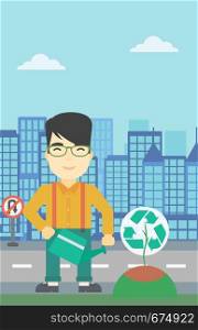An asian young man watering a tree with a recycle sign instead of crown on a city backround. Eco-friendly man takes care of the environment. Vector flat design illustration. Vertical layout.. Man watering tree with recycle sign.