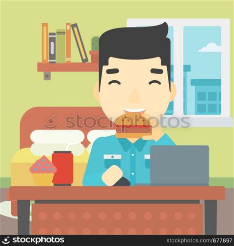 An asian young man working on laptop while eating junk food on the background of bedroom. Vector flat design illustration. Square layout.. Man eating hamburger vector illustration.