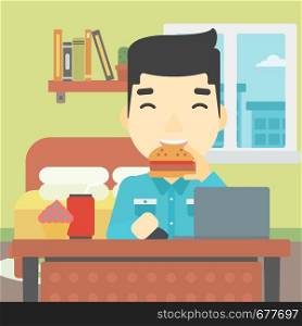 An asian young man working on laptop while eating junk food on the background of bedroom. Vector flat design illustration. Square layout.. Man eating hamburger vector illustration.