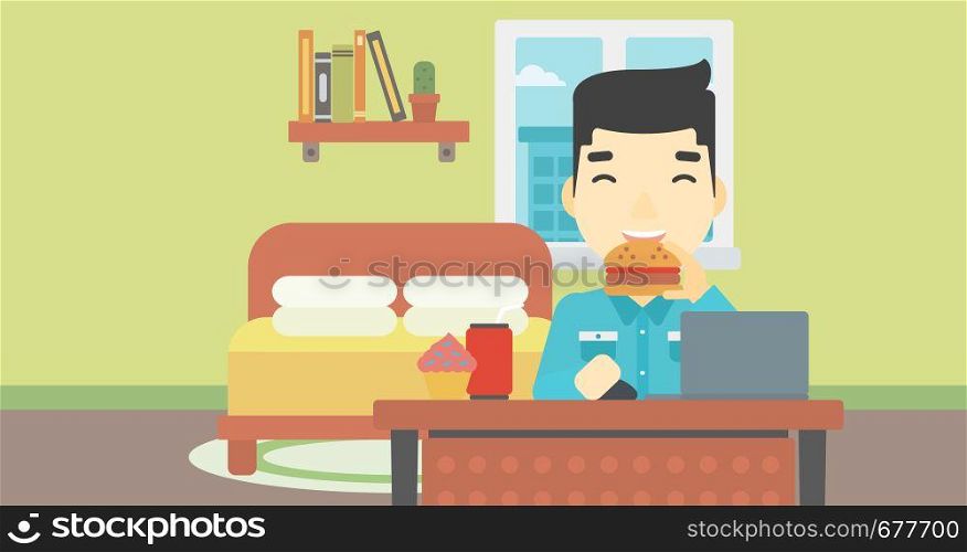 An asian young man working on laptop while eating junk food on the background of bedroom. Vector flat design illustration. Horizontal layout.. Man eating hamburger vector illustration.