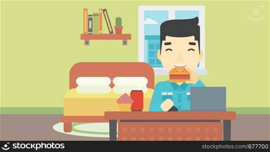An asian young man working on laptop while eating junk food on the background of bedroom. Vector flat design illustration. Horizontal layout.. Man eating hamburger vector illustration.