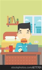 An asian young man working on laptop while eating junk food on the background of bedroom. Vector flat design illustration. Vertical layout.. Man eating hamburger vector illustration.