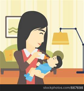 An asian young mother feeding baby boy with a milk bottle. Mother feeding newborn baby at home. Baby boy drinking milk from bottle. Vector flat design illustration. Square layout.. Mother feeding baby vector illustration.