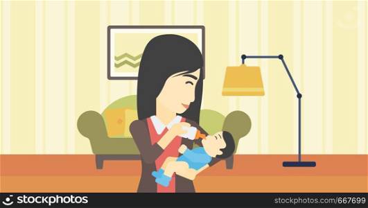 An asian young mother feeding baby boy with a milk bottle. Mother feeding newborn baby at home. Baby boy drinking milk from bottle. Vector flat design illustration. Horizontal layout.. Mother feeding baby.