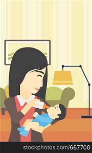 An asian young mother feeding baby boy with a milk bottle. Mother feeding newborn baby at home. Baby boy drinking milk from bottle. Vector flat design illustration. Vertical layout.. Mother feeding baby.