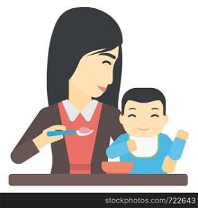 An asian young mother feeding baby vector flat design illustration isolated on white background. . Woman feeding baby.
