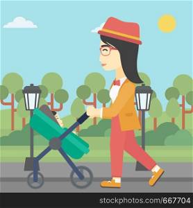 An asian young mother walking with baby stroller in the park. Mother walking with her baby in stroller. Mother pushing baby stroller. Vector flat design illustration. Square layout.. Mother walking with her baby in stroller.