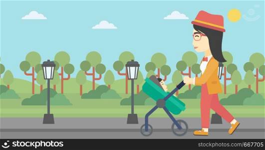 An asian young mother walking with baby stroller in the park. Mother walking with her baby in stroller. Mother pushing baby stroller. Vector flat design illustration. Horizontal layout.. Mother walking with her baby in stroller.