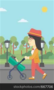 An asian young mother walking with baby stroller in the park. Mother walking with her baby in stroller. Mother pushing baby stroller. Vector flat design illustration. Vertical layout.. Mother walking with her baby in stroller.