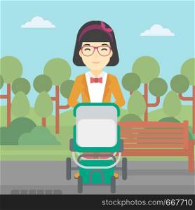 An asian young mother walking with baby stroller in the park. Mother walking with her baby in stroller. Mother pushing baby stroller. Vector flat design illustration. Square layout.. Mother walking with baby stroller.