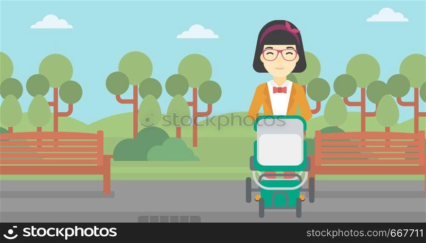 An asian young mother walking with baby stroller in the park. Mother walking with her baby in stroller. Mother pushing baby stroller. Vector flat design illustration. Horizontal layout.. Mother walking with baby stroller.