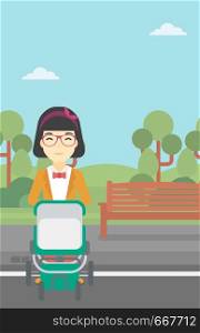 An asian young mother walking with baby stroller in the park. Mother walking with her baby in stroller. Mother pushing baby stroller. Vector flat design illustration. Vertical layout.. Mother walking with baby stroller.
