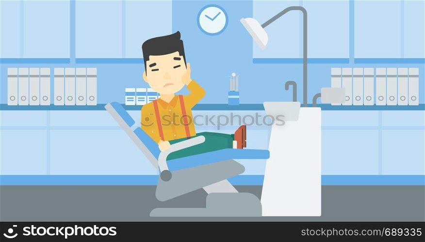 An asian young patient sitting in dental chair at dentist office. Sad man suffering from tooth pain. Man having a toothache. Vector flat design illustration. Horizontal layout.. Man suffering in dental chair vector illustration.