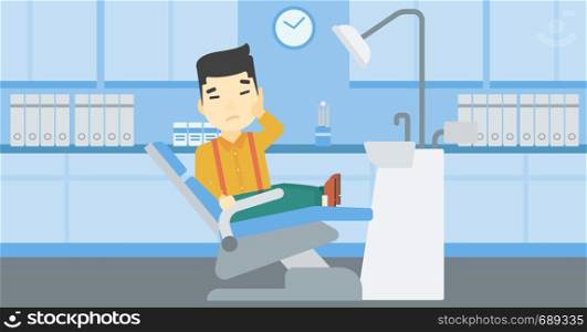 An asian young patient sitting in dental chair at dentist office. Sad man suffering from tooth pain. Man having a toothache. Vector flat design illustration. Horizontal layout.. Man suffering in dental chair vector illustration.