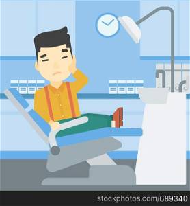 An asian young patient sitting in dental chair at dentist office. Sad man suffering from tooth pain. Man having a toothache. Vector flat design illustration. Square layout.. Man suffering in dental chair vector illustration.