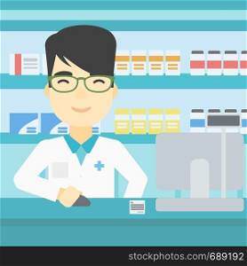 An asian young pharmacist in medical gown standing at pharmacy counter and working on a computer. Male pharmacist in the drugstore. Vector flat design illustration. Square layout.. Pharmacist at counter with cash box.