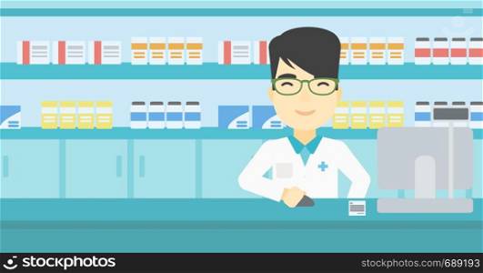 An asian young pharmacist in medical gown standing at pharmacy counter and working on a computer. Male pharmacist in the drugstore. Vector flat design illustration. Horizontal layout.. Pharmacist at counter with cash box.