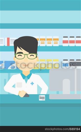 An asian young pharmacist in medical gown standing at pharmacy counter and working on a computer. Male pharmacist in the drugstore. Vector flat design illustration. Vertical layout.. Pharmacist at counter with cash box.